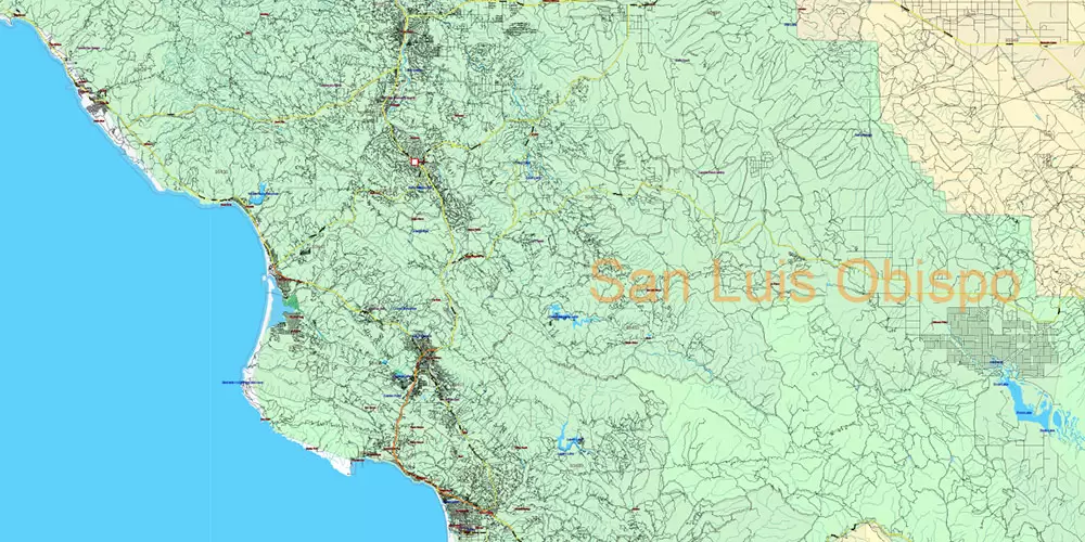 California State US PDF Vector Map: Exact Roads Plan High Detailed Street Map + Counties + Zipcodes editable Adobe PDF in layers