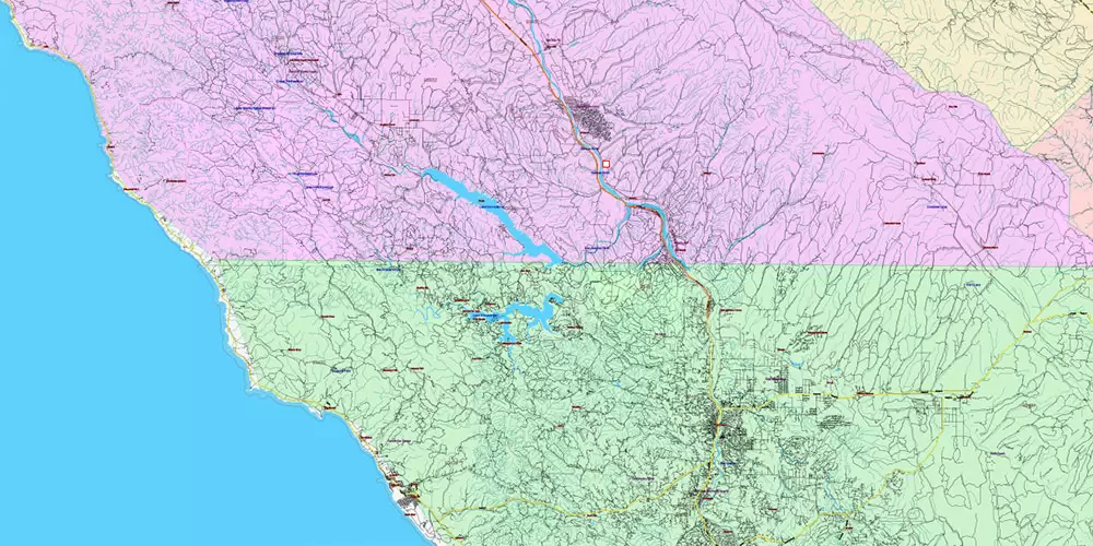 California State US PDF Vector Map: Exact Roads Plan High Detailed Street Map + Counties + Zipcodes editable Adobe PDF in layers