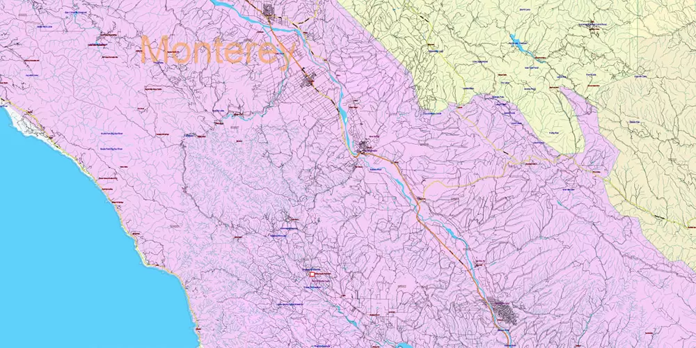 California State US PDF Vector Map: Exact Roads Plan High Detailed Street Map + Counties + Zipcodes editable Adobe PDF in layers