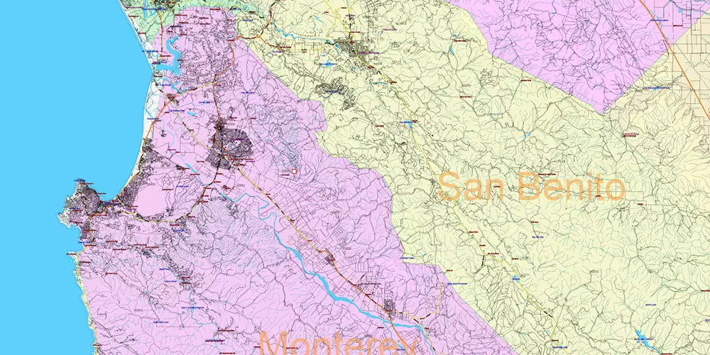 California State US PDF Vector Map: Exact Roads Plan High Detailed Street Map + Counties + Zipcodes editable Adobe PDF in layers