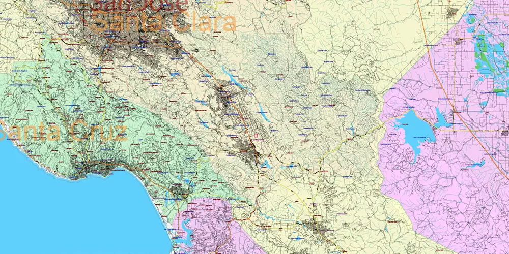 California State US PDF Vector Map: Exact Roads Plan High Detailed Street Map + Counties + Zipcodes editable Adobe PDF in layers