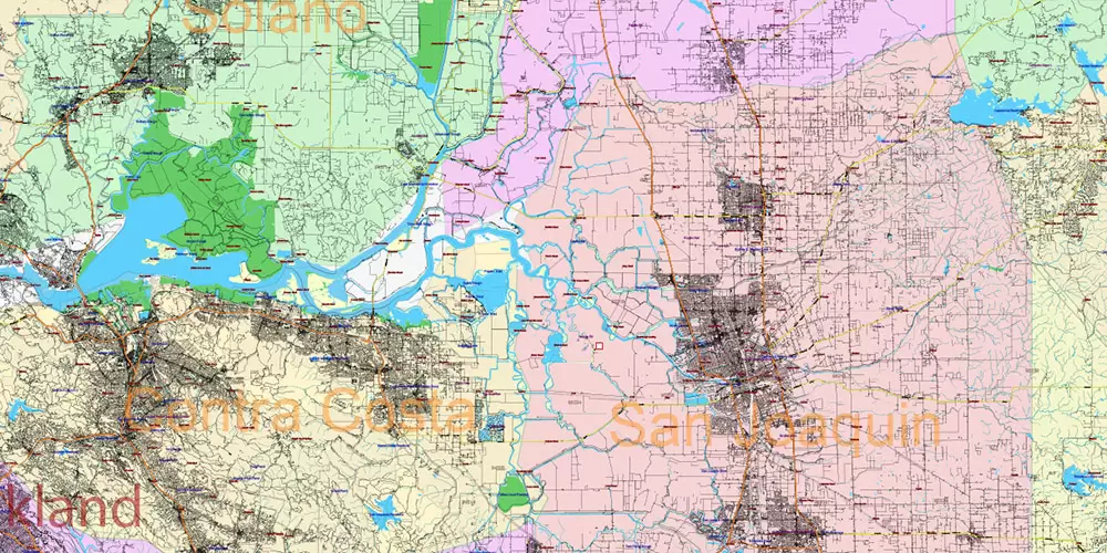 California State US PDF Vector Map: Exact Roads Plan High Detailed Street Map + Counties + Zipcodes editable Adobe PDF in layers