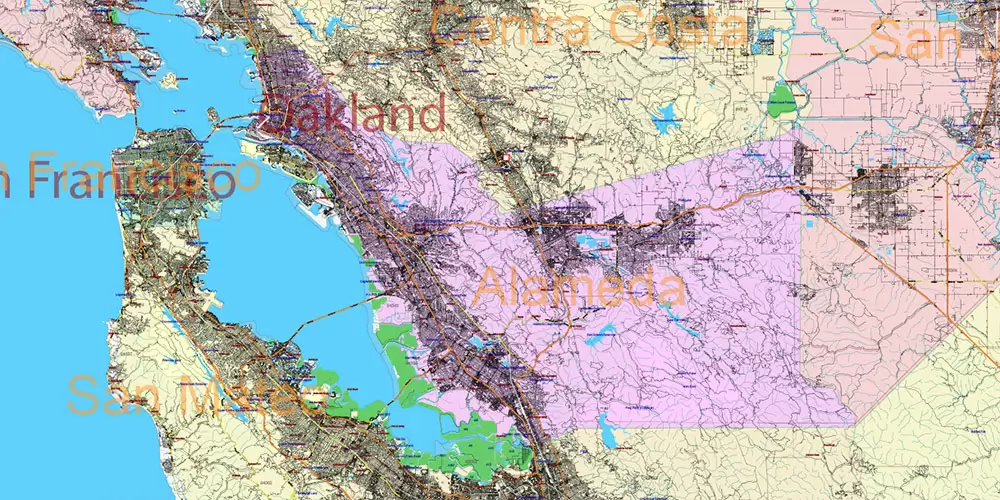 California State US PDF Vector Map: Exact Roads Plan High Detailed Street Map + Counties + Zipcodes editable Adobe PDF in layers