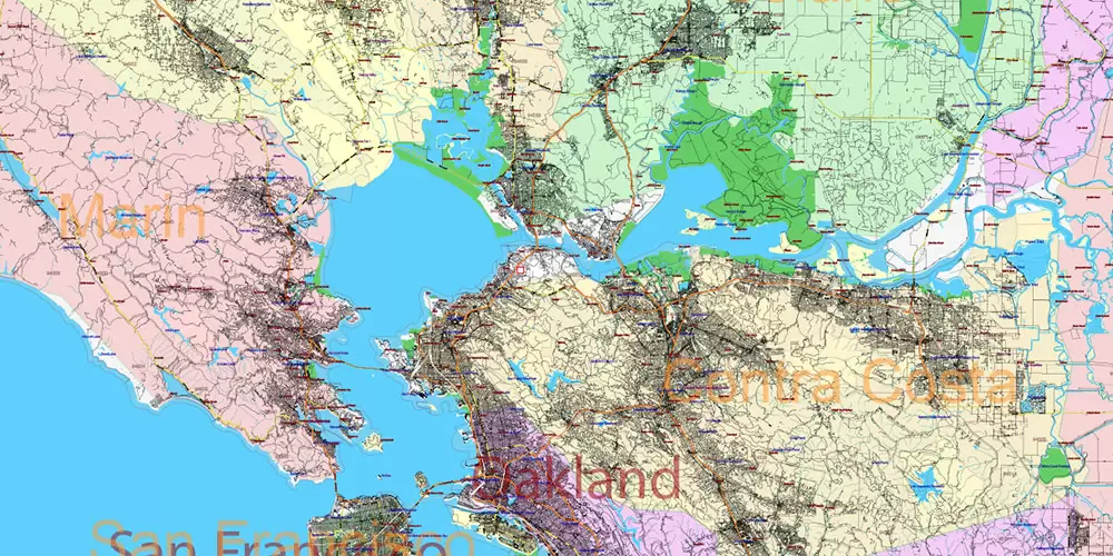 California State US PDF Vector Map: Exact Roads Plan High Detailed Street Map + Counties + Zipcodes editable Adobe PDF in layers