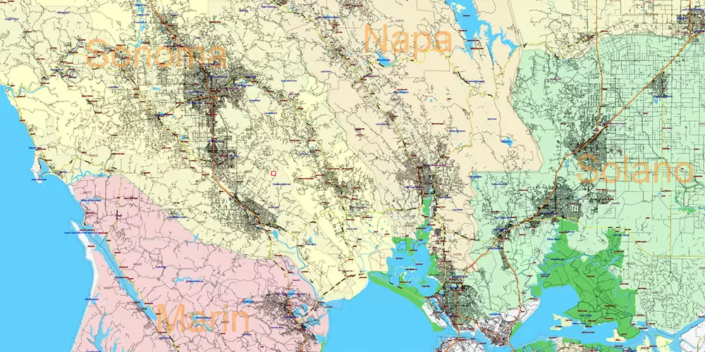 California State US PDF Vector Map: Exact Roads Plan High Detailed Street Map + Counties + Zipcodes editable Adobe PDF in layers