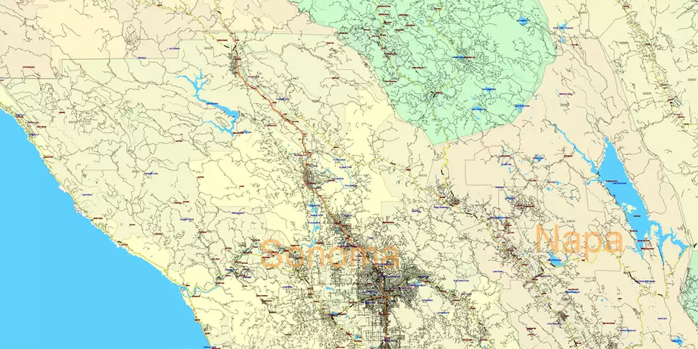California State US PDF Vector Map: Exact Roads Plan High Detailed Street Map + Counties + Zipcodes editable Adobe PDF in layers