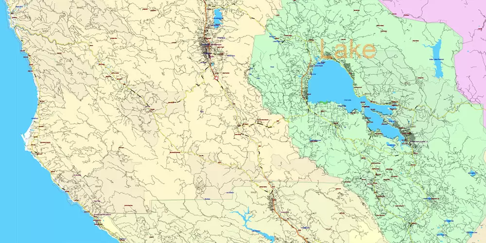 California State US PDF Vector Map: Exact Roads Plan High Detailed Street Map + Counties + Zipcodes editable Adobe PDF in layers