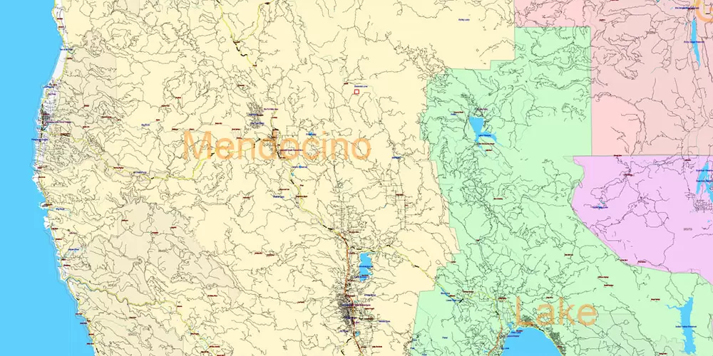 California State US PDF Vector Map: Exact Roads Plan High Detailed Street Map + Counties + Zipcodes editable Adobe PDF in layers