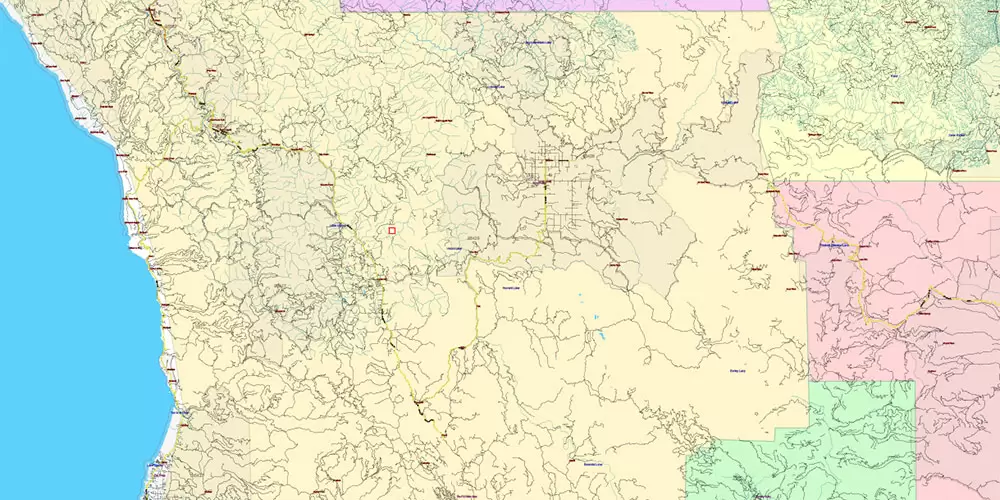 California State US PDF Vector Map: Exact Roads Plan High Detailed Street Map + Counties + Zipcodes editable Adobe PDF in layers