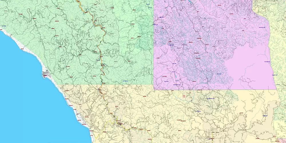 California State US PDF Vector Map: Exact Roads Plan High Detailed Street Map + Counties + Zipcodes editable Adobe PDF in layers