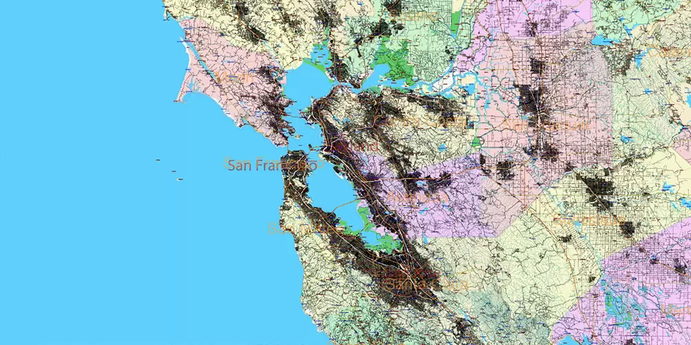California State US PDF Vector Map: Exact Roads Plan High Detailed Street Map + Counties + Zipcodes editable Adobe PDF in layers