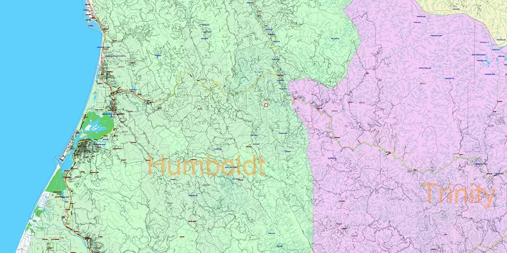California State US PDF Vector Map: Exact Roads Plan High Detailed Street Map + Counties + Zipcodes editable Adobe PDF in layers