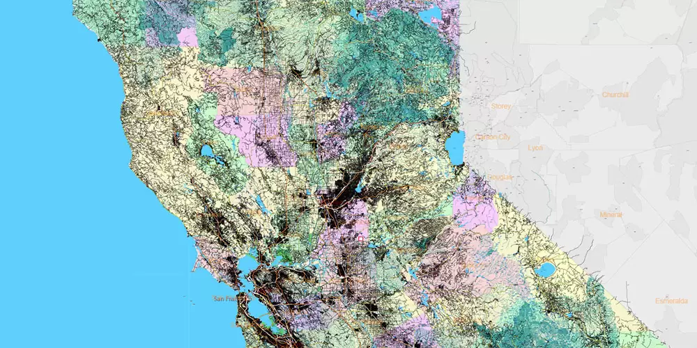 California State US PDF Vector Map: Exact Roads Plan High Detailed Street Map + Counties + Zipcodes editable Adobe PDF in layers