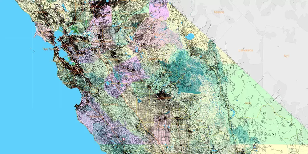 California State US PDF Vector Map: Exact Roads Plan High Detailed Street Map + Counties + Zipcodes editable Adobe PDF in layers