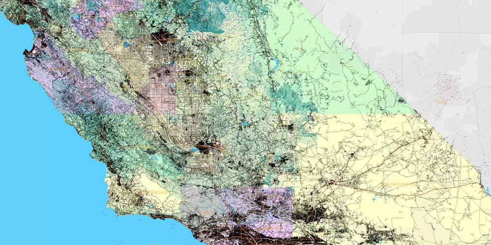 California State US PDF Vector Map: Exact Roads Plan High Detailed Street Map + Counties + Zipcodes editable Adobe PDF in layers