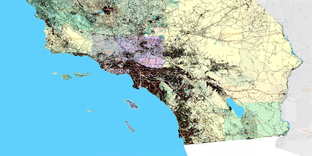 California State US PDF Vector Map: Exact Roads Plan High Detailed Street Map + Counties + Zipcodes editable Adobe PDF in layers