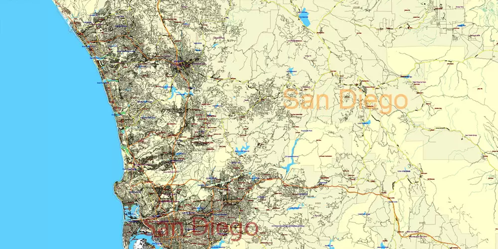 California State US PDF Vector Map: Exact Roads Plan High Detailed Street Map + Counties + Zipcodes editable Adobe PDF in layers
