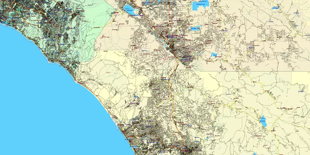 California State US PDF Vector Map: Exact Roads Plan High Detailed Street Map + Counties + Zipcodes editable Adobe PDF in layers