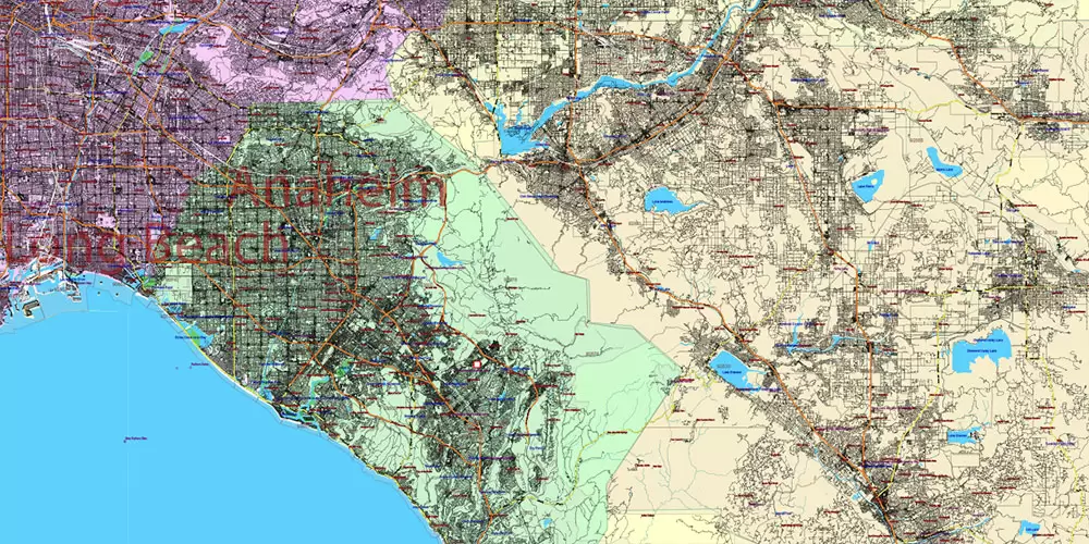 California State US PDF Vector Map: Exact Roads Plan High Detailed Street Map + Counties + Zipcodes editable Adobe PDF in layers