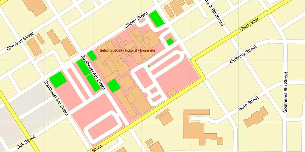 Evansville (cental part) Indiana US PDF Vector Map: City Plan High Detailed Street Map editable Adobe PDF in layers