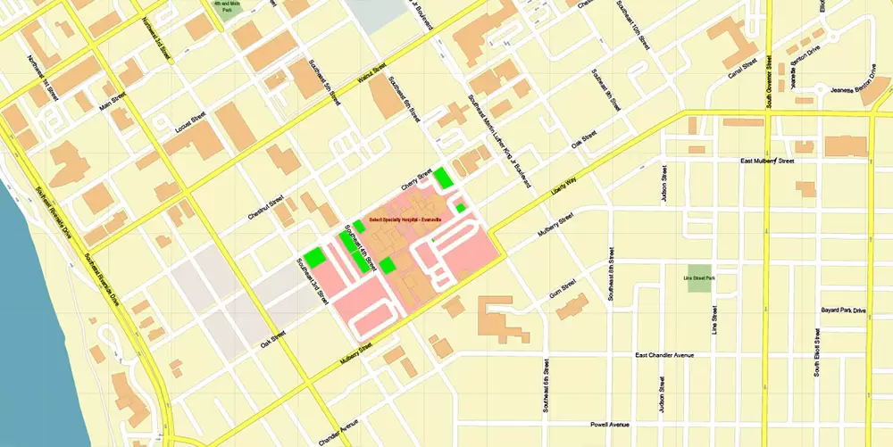 Evansville (cental part) Indiana US PDF Vector Map: City Plan High Detailed Street Map editable Adobe PDF in layers