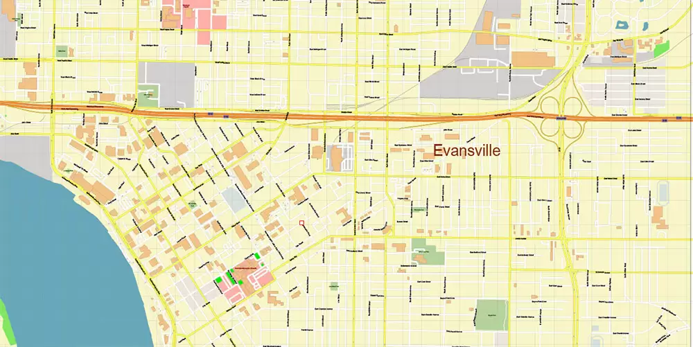 Evansville (cental part) Indiana US PDF Vector Map: City Plan High Detailed Street Map editable Adobe PDF in layers