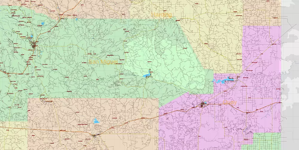 New Mexico State US Map Vector Exact Roads Plan High Detailed Street Map + Counties + Zipcodes editable Adobe Illustrator in layers