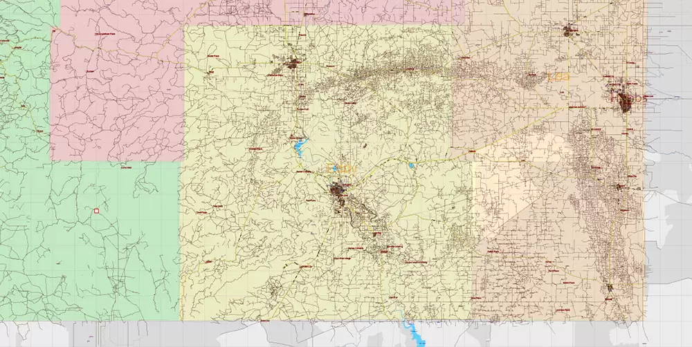 New Mexico State US Map Vector Exact Roads Plan High Detailed Street Map + Counties + Zipcodes editable Adobe Illustrator in layers