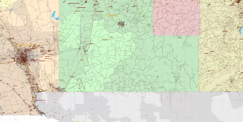 New Mexico State US Map Vector Exact Roads Plan High Detailed Street Map + Counties + Zipcodes editable Adobe Illustrator in layers