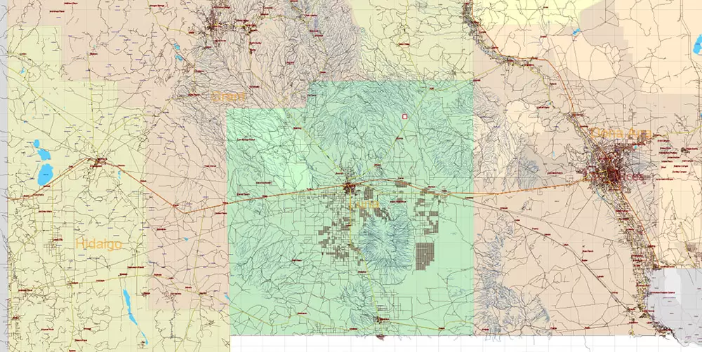 New Mexico State US Map Vector Exact Roads Plan High Detailed Street Map + Counties + Zipcodes editable Adobe Illustrator in layers