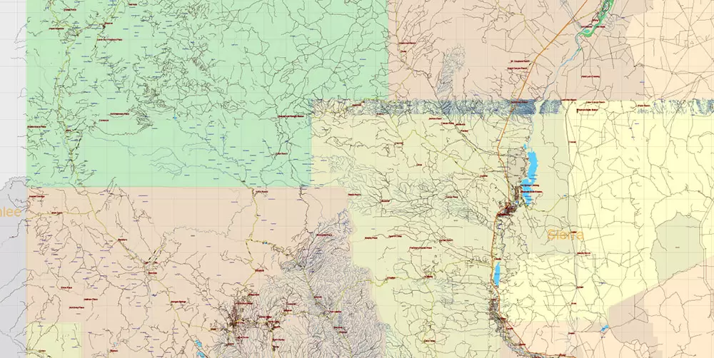 New Mexico State US Map Vector Exact Roads Plan High Detailed Street Map + Counties + Zipcodes editable Adobe Illustrator in layers