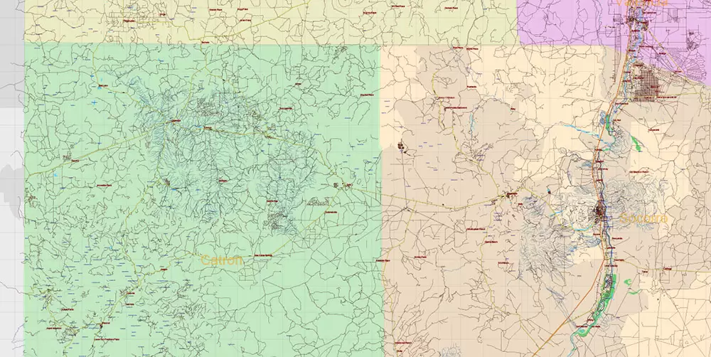 New Mexico State US Map Vector Exact Roads Plan High Detailed Street Map + Counties + Zipcodes editable Adobe Illustrator in layers
