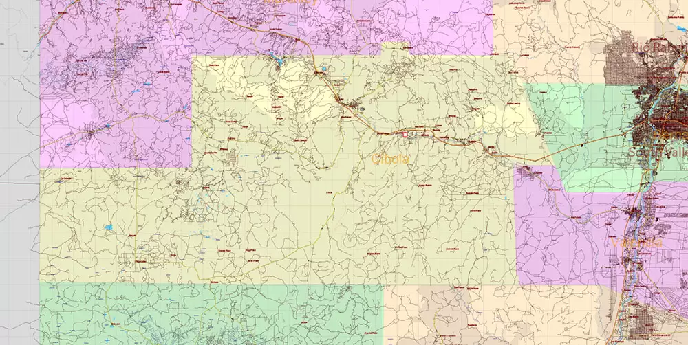 New Mexico State US Map Vector Exact Roads Plan High Detailed Street Map + Counties + Zipcodes editable Adobe Illustrator in layers