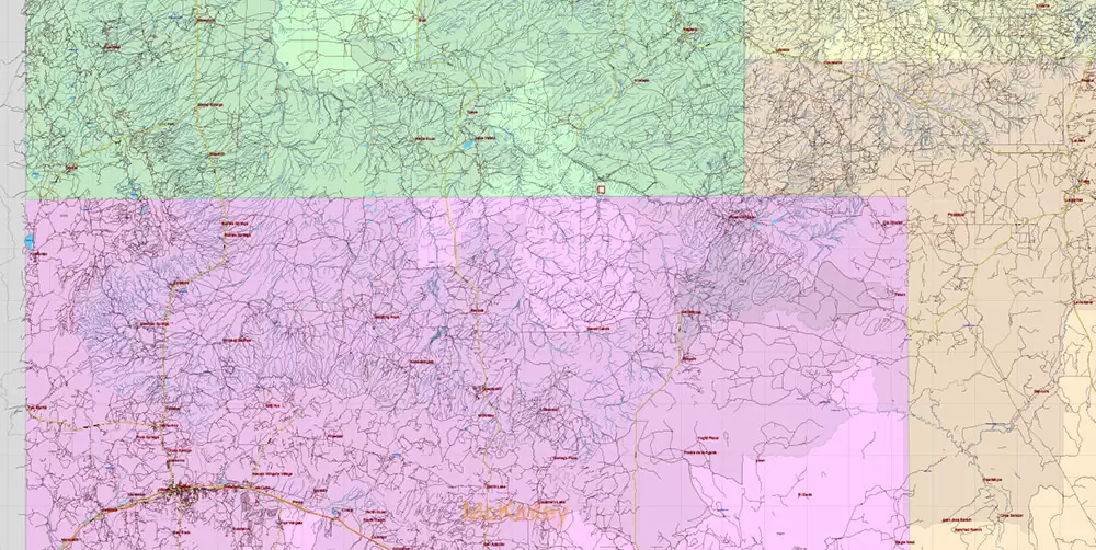 New Mexico State US Map Vector Exact Roads Plan High Detailed Street Map + Counties + Zipcodes editable Adobe Illustrator in layers