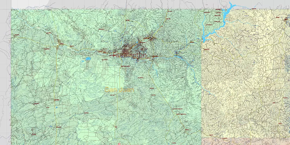 New Mexico State US Map Vector Exact Roads Plan High Detailed Street Map + Counties + Zipcodes editable Adobe Illustrator in layers