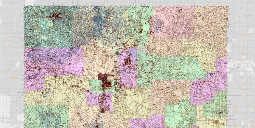 New Mexico State US Map Vector Exact Roads Plan High Detailed Street Map + Counties + Zipcodes editable Adobe Illustrator in layers