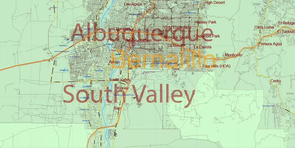 New Mexico State US Map Vector Exact Roads Plan High Detailed Street Map + Counties + Zipcodes editable Adobe Illustrator in layers