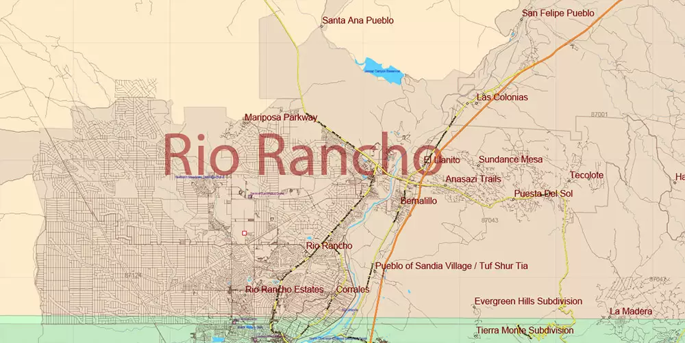 New Mexico State US Map Vector Exact Roads Plan High Detailed Street Map + Counties + Zipcodes editable Adobe Illustrator in layers