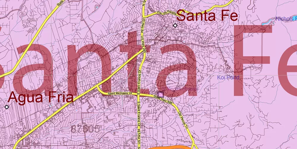 New Mexico State US Map Vector Exact Roads Plan High Detailed Street Map + Counties + Zipcodes editable Adobe Illustrator in layers
