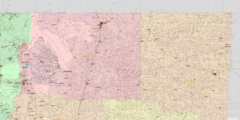 New Mexico State US Map Vector Exact Roads Plan High Detailed Street Map + Counties + Zipcodes editable Adobe Illustrator in layers