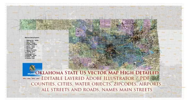 Oklahoma State US Map Vector Exact Roads Plan High Detailed Street Map + Counties + Zipcodes editable Adobe Illustrator in layers