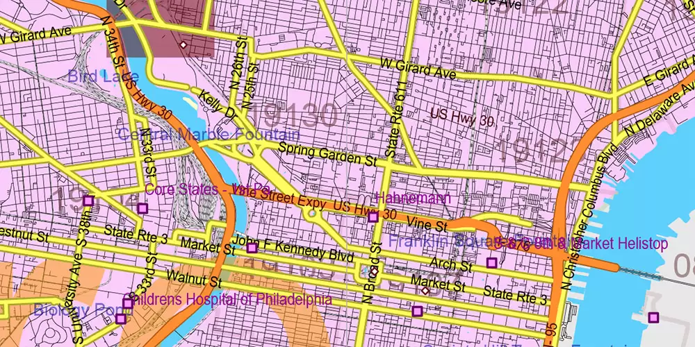 Pennsylvania State US Map Vector Exact Roads Plan High Detailed Street Map + Counties + Zipcodes editable Adobe Illustrator in layers