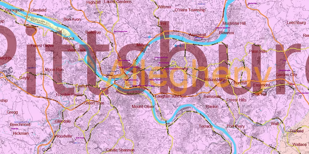 Pennsylvania State US Map Vector Exact Roads Plan High Detailed Street Map + Counties + Zipcodes editable Adobe Illustrator in layers