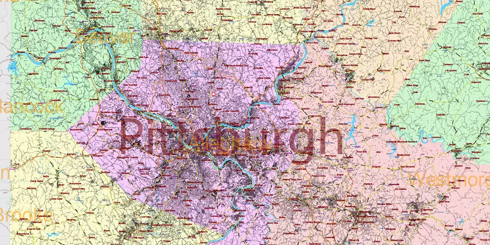 Pennsylvania State US Map Vector Exact Roads Plan High Detailed Street Map + Counties + Zipcodes editable Adobe Illustrator in layers