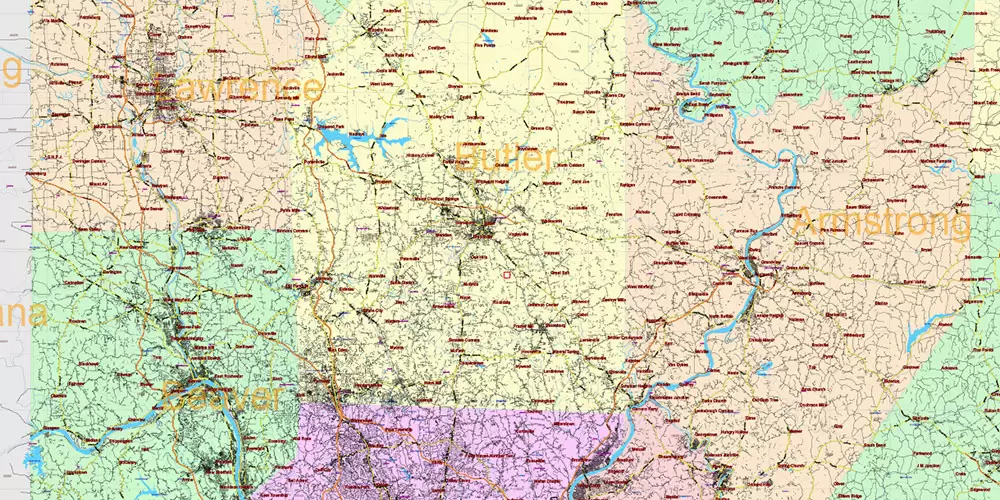 Pennsylvania State US Map Vector Exact Roads Plan High Detailed Street Map + Counties + Zipcodes editable Adobe Illustrator in layers
