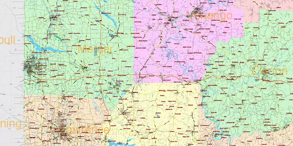 Pennsylvania State US Map Vector Exact Roads Plan High Detailed Street Map + Counties + Zipcodes editable Adobe Illustrator in layers