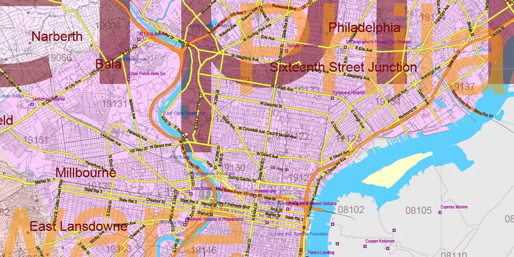 Pennsylvania State US Map Vector Exact Roads Plan High Detailed Street Map + Counties + Zipcodes editable Adobe Illustrator in layers