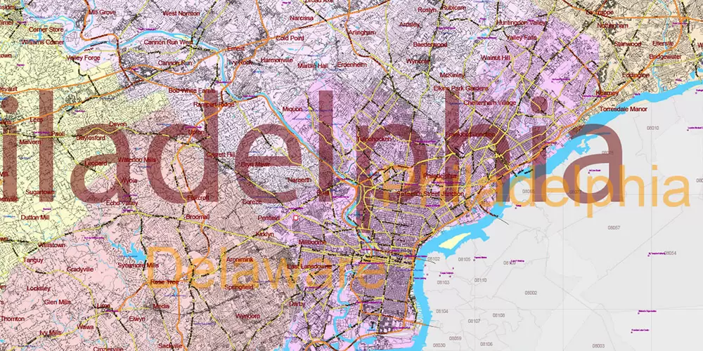 Pennsylvania State US Map Vector Exact Roads Plan High Detailed Street Map + Counties + Zipcodes editable Adobe Illustrator in layers