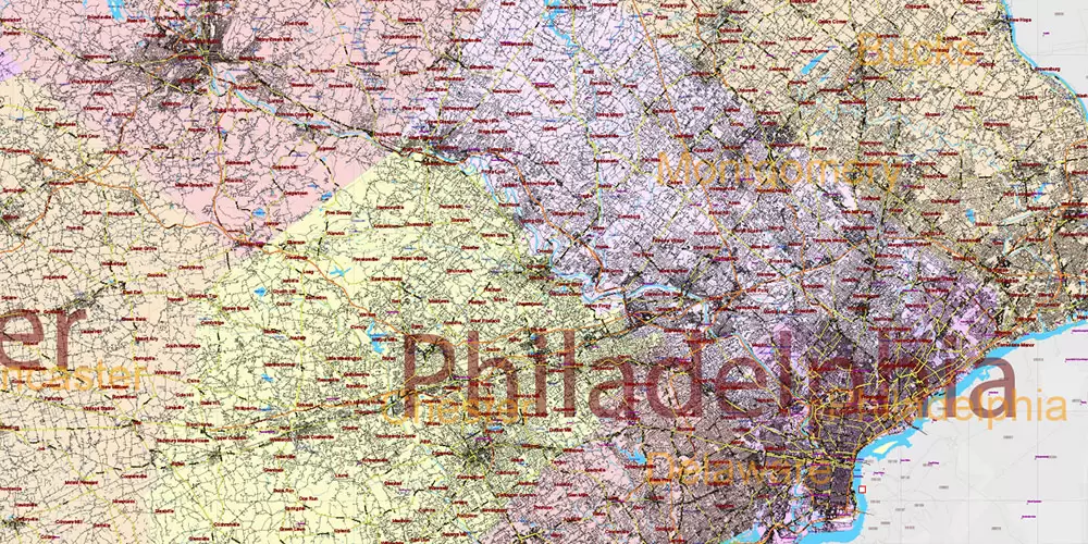 Pennsylvania State US Map Vector Exact Roads Plan High Detailed Street Map + Counties + Zipcodes editable Adobe Illustrator in layers