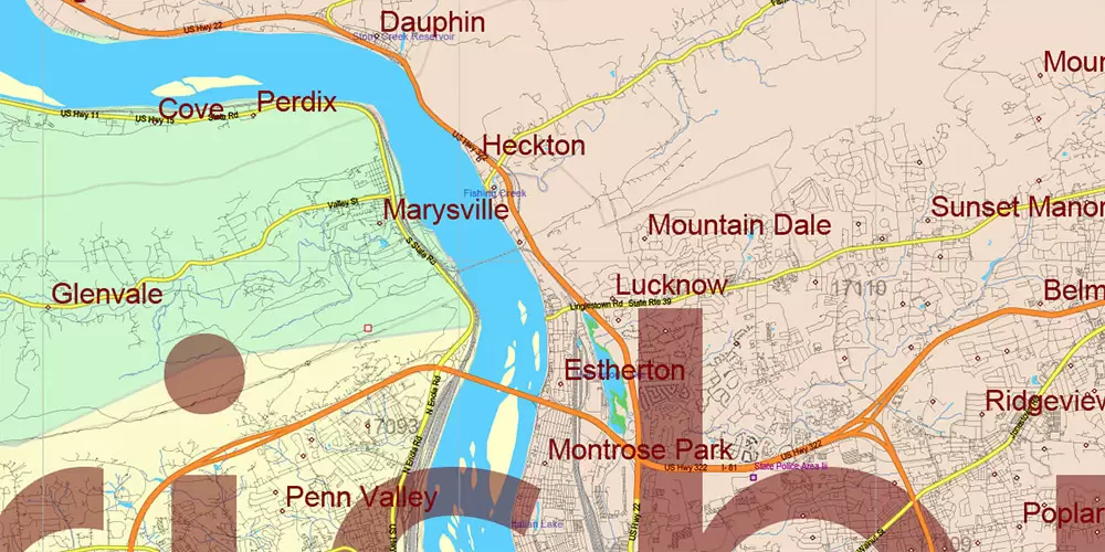 Pennsylvania State US Map Vector Exact Roads Plan High Detailed Street Map + Counties + Zipcodes editable Adobe Illustrator in layers